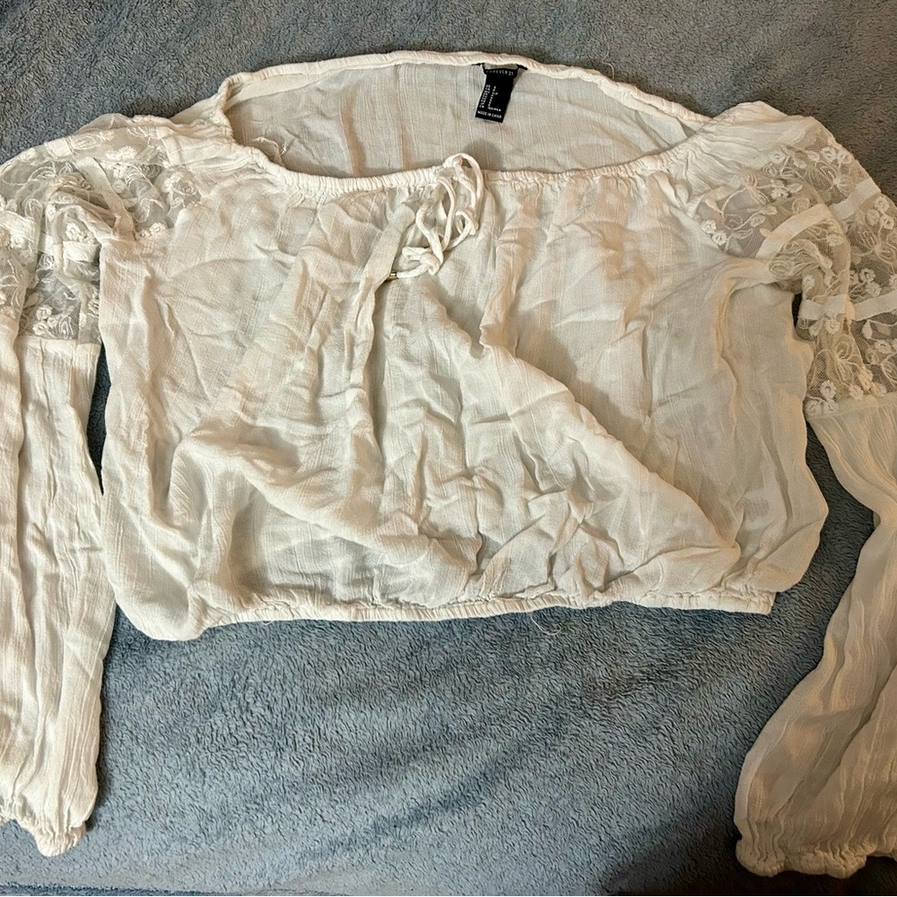 Cream Crop Top with Puff Sleeves and Tie Front